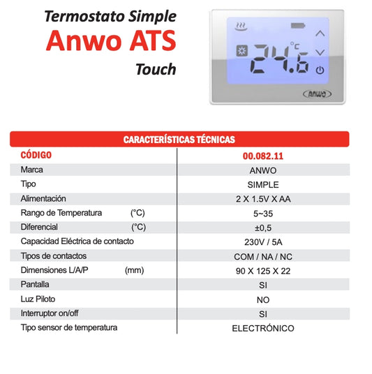 Termostato Ambiental De Calefaccion SIMPLE Anwo ATS TOUCH