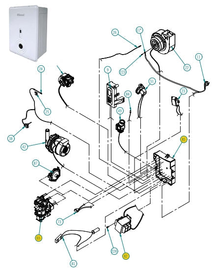 Diagrama de despiece de caldera mural a gas Rinnai Lnox, ubicación de repuestos internos como válvula tres vías, bomba, sensor de temperatura y placa electrónica.