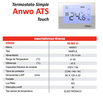 Termostato Ambiental De Calefaccion SIMPLE Anwo ATS TOUCH